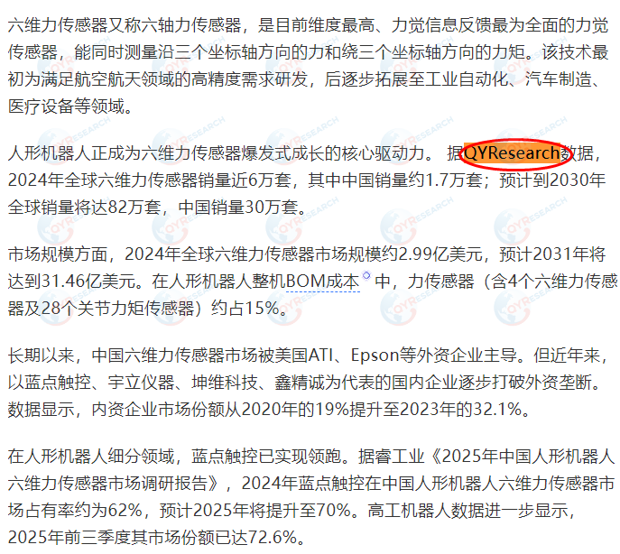 4月15日六维力传感器龙头企业蓝点触控（北京）科技有限公司引用了QYResearch出版的六维力传感器市场报告