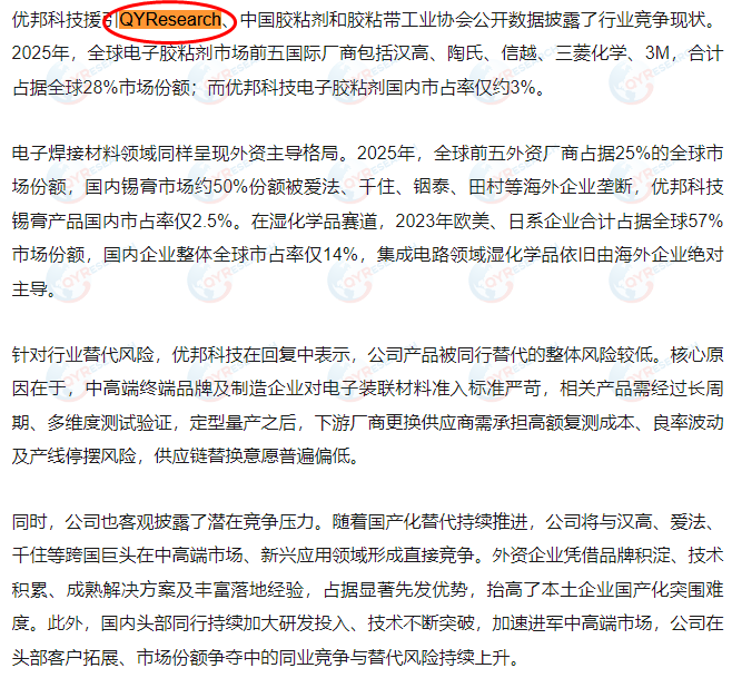 东莞优邦材料科技股份有限公司引用了QYResearch出版的电子胶粘剂市场报告