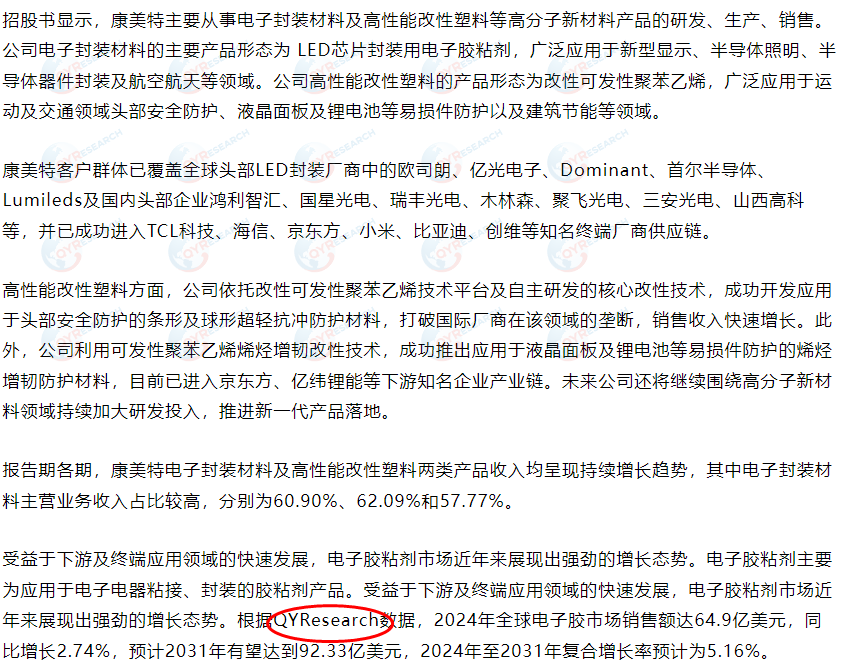 6月29日康美特在招股书引用了QYResearch出版的电子胶市场报告