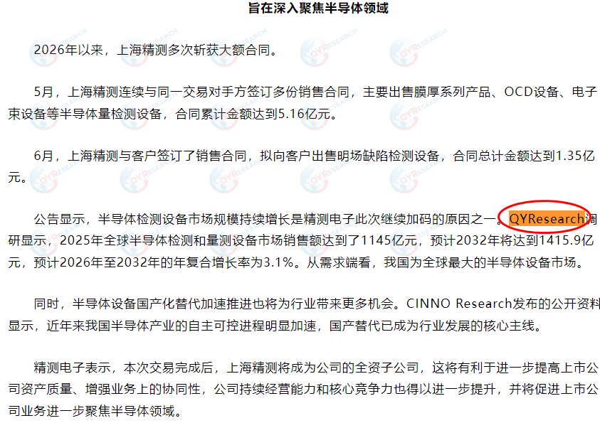 7月15日上海精测半导体技术有限公司引用了QYResearch出版的半导体检测和量测设备市场报告