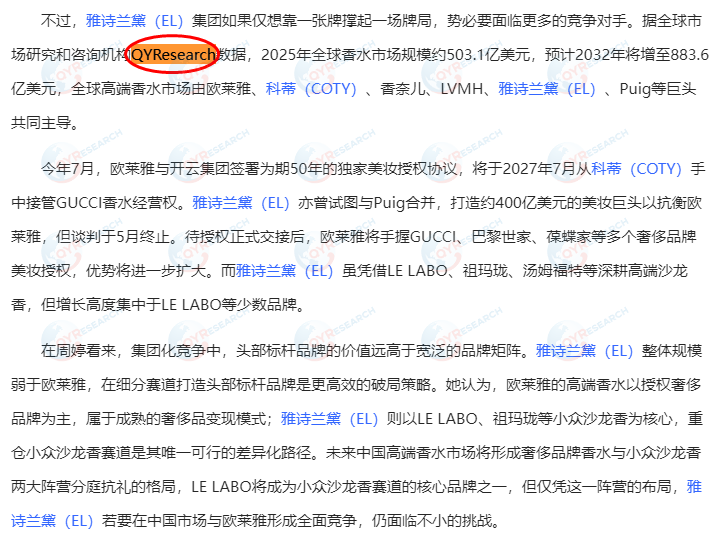雅诗兰黛引用了QYResearch出版的香水市场报告