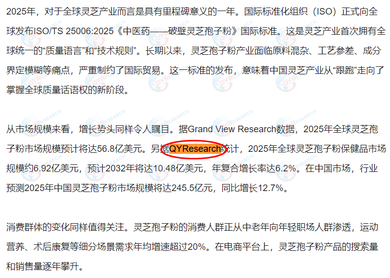 7月16日衡水新闻网收录了QYResearch出版的灵芝孢子粉保健品市场报告