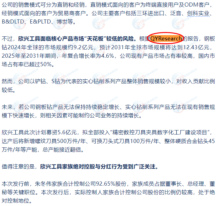 7月19日腾讯网收录了QYResearch出版的钢板钻市场报告