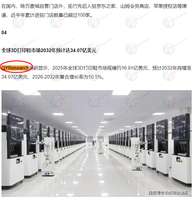 三绿科技引用了QYResearch出版的3D打印鞋市场报告