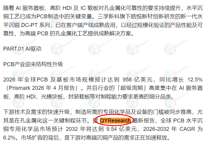 广州三孚新材料科技股份有限公司引用了QYResearch出版的PCB水平沉铜专用化学品市场报告