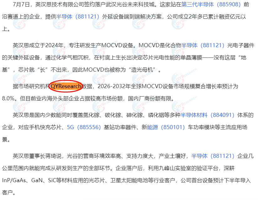 英汉思技术有限公司引用了QYResearch出版的MOCVD设备市场报告