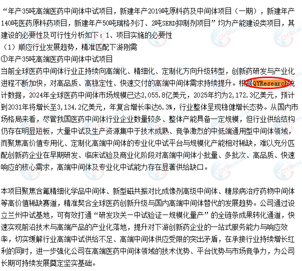 雅本化学股份有限公司引用了QYResearch出版的医药中间体市场报告